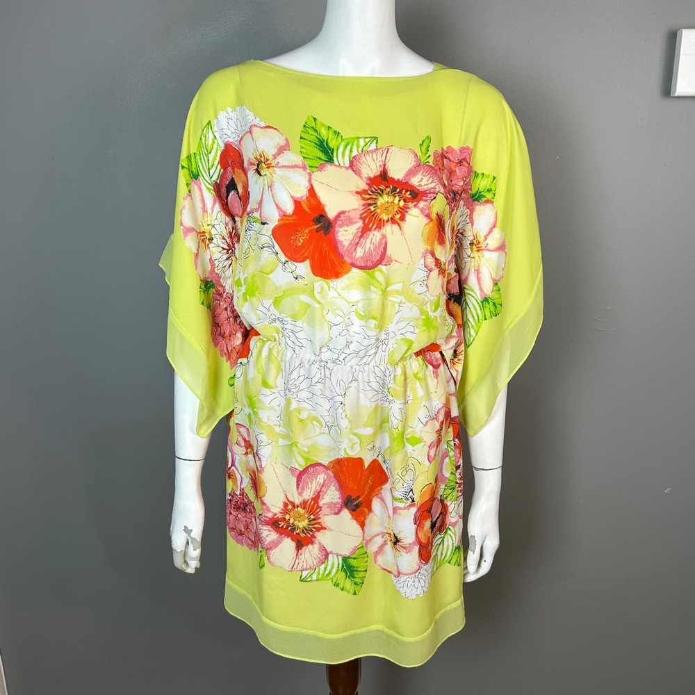 BCBGMAXAZRIA Miriam Kimono Floral Dress XS Small Lemongrass Yellow Hawaiian